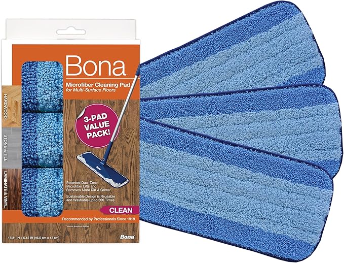 Bona Premium Microfiber Floor Mop & Bona Microfiber Cleaning Pad for Hardwood & Hard Surface Floors - 3 Pack & Bona Hardwood Floor Cleaner Refill - 128 fl oz