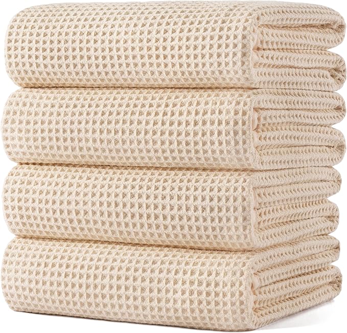POLYTE 430 GSM Microfiber Oversize Quick Dry Lint Free Bath Towel, 60 x 30 in, 4 Pack (Waffle Weave)
