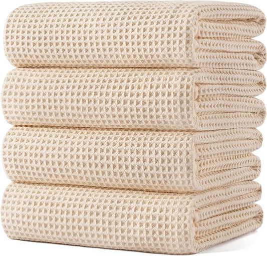 POLYTE 430 GSM Microfiber Oversize Quick Dry Lint Free Bath Towel, 60 x 30 in, 4 Pack (Waffle Weave)