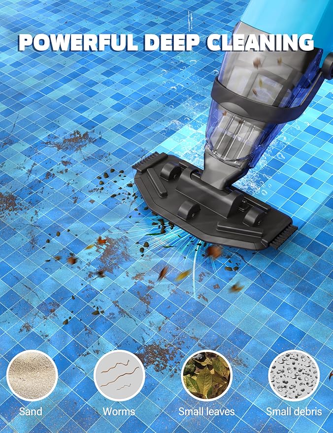 Cordless Pool Vacuum Cleaner for Above Ground Pool & In Ground Rechargeable Pool Vacuum Cleaner - 90 Mins Runtime, with 69" Telescopic Pole, Spa Vacuum for Hot Tub- Fast 3H Charge (Blue)