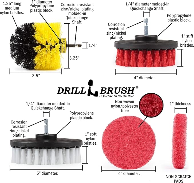 Cleaning Supplies - Bathroom Accessories - Drill Brush - Scouring Pad - Shower Cleaner - Bath Mat - Tile - Bathtub - Sink - Shower Door - Grout Cleaner - Kitchen Accessories - Outdoor - Scrub Brush