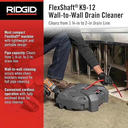 RIDGID 74978 K9-12 FlexShaft 1/4" x 30' Wall-to-Wall Professional Drain Cleaning Machine, Compact Drain Cleaner for 1-1/4" to 2" Pipes