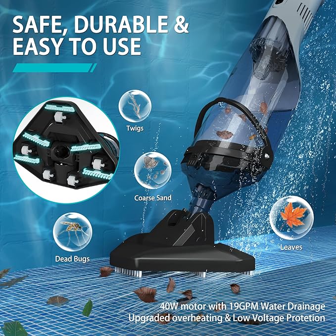 Handheld Spa Hot Tub Vacuum- Cordless Above Ground Pool Cleaner with 60" Extendable Pole, 60 Mins Running Time, 19 Gallons/Min Powerful Suction, Ideal for Cleaning Debris and Sand Underwater