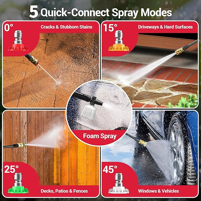 Electric Pressure Washer Power Washer with Foam Cannon & 4 Quick Connect Nozzles, Portable High Pressure Cleaning Machine for Cars Driveways Patios Outdoor Cleaning