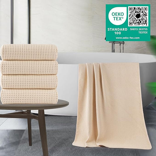 POLYTE 430 GSM Microfiber Oversize Quick Dry Lint Free Bath Towel, 60 x 30 in, 4 Pack (Waffle Weave)