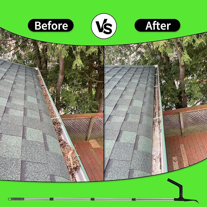2 in 1 Gutter Cleaning Tools 12.8FT Adjustable Gutter Cleaning Tools from The Ground Gutter Cleaner Scoop Multi-Functional Gutter Cleaner Brush Easily Clear Roof Leaves Debris Roof Gutters