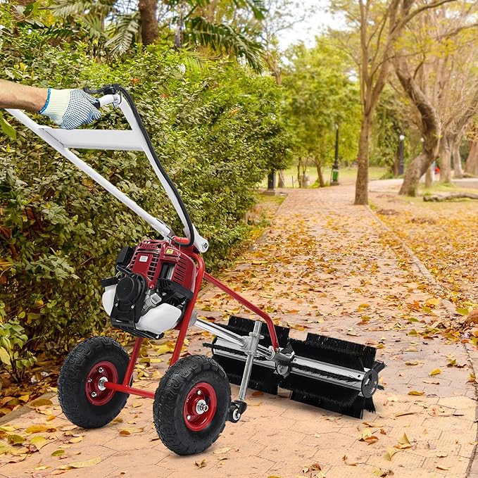 Gas Handheld Sweeper,Outdoor Hand Held 4-Stroke 37.7CC Gas Power Sweeping Broom, Walk Behind Handheld Cleaning Driveway Turf Artificial Grass Snow Clean Lawn Sweeper Cleaner Tools for Park