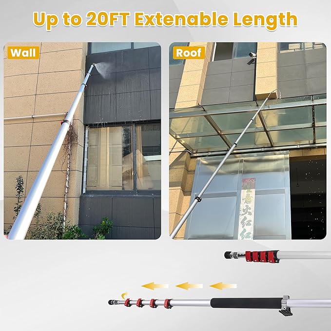 M MINGLE 20 FT Telescoping Pressure Washer Wand with Gutter Cleaner, Brush Head, 5 Nozzle Tips, and Hose Adapters for House Exterior, Window & Roof Cleaning