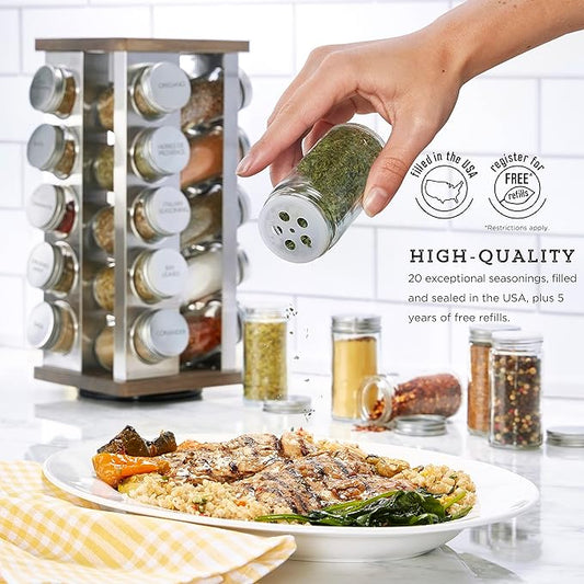 Kamenstein 20-Jar Vintage Revolving Spice Rack Organizer with Spices Included, 5 Years of Spice Refills, Rotating Wood and Stainless Steel Storage, Culinary Gift for Home Chefs