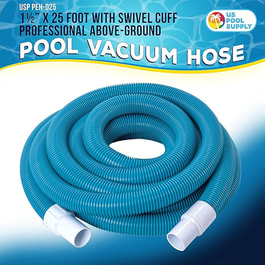 U.S. Pool Supply 1-1/2" x 25 Foot Professional Above Ground Swimming Pool Vacuum Hose with Swivel Cuff - Removable Cuff, Cut to Fit - Compatible with Filter Pumps, Filtration Systems, Chlorinators