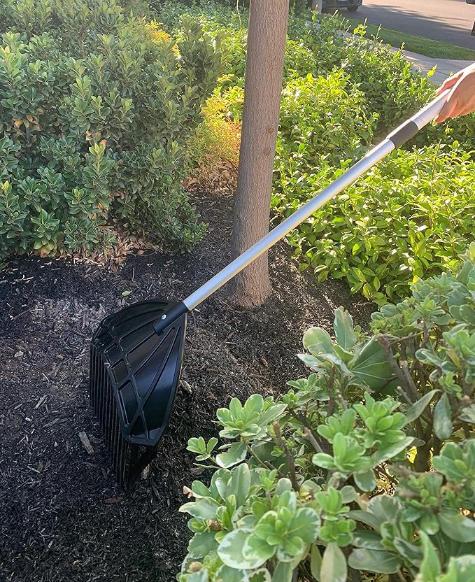 MLTOOLS Gardening Rake Shovel Sieve 3-in-1 Garden Tools, No Bend Weed Puller or Leaf Rake for Lawn, Yard, Pool, Stable, Extendable Mulch Muck Rake Telescopic Handle, Angled Pitch Fork Tines R8279-EXT
