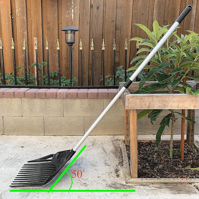 MLTOOLS Gardening Rake Shovel Sieve 3-in-1 Garden Tools, No Bend Weed Puller or Leaf Rake for Lawn, Yard, Pool, Stable, Extendable Mulch Muck Rake Telescopic Handle, Angled Pitch Fork Tines R8279-EXT